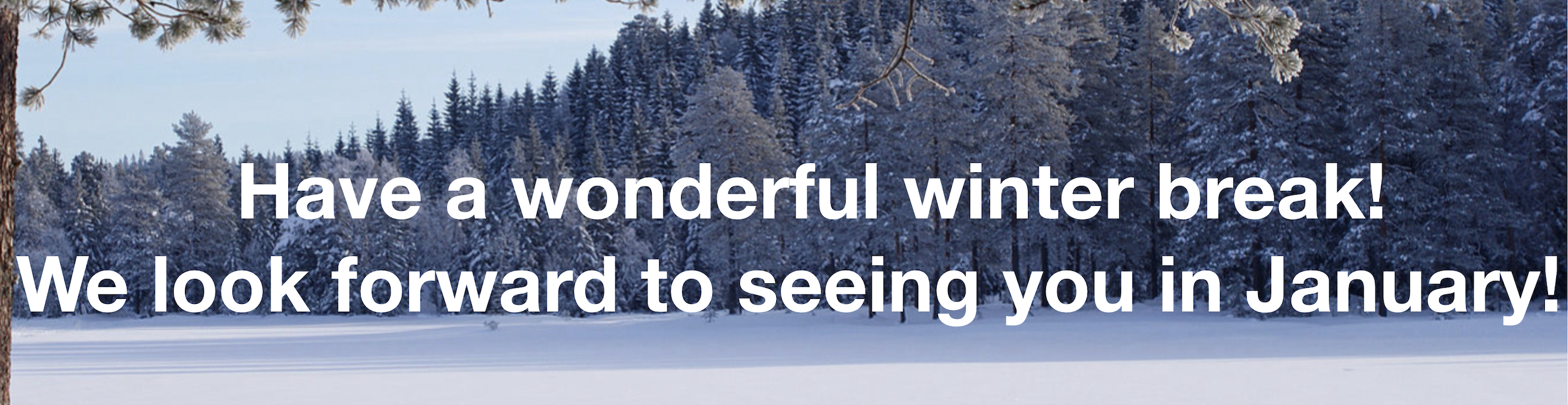 "Have a wonderful winter break! We look forward to seeing you in January!" (background image of edge of boreal forest covered in snow, cropped and sized to fit banner with text added to image; image sourced from Wikipedia Commons at: https://commons.wikimedia.org/wiki/File:Framed_winter_scene_%286843232749%29.jpg